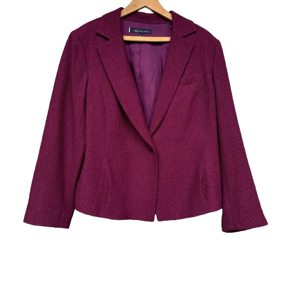 Anne Klein Maroon Wool Tweed Blazer Jacket Size 16 One Button Chest Pocket Boxy